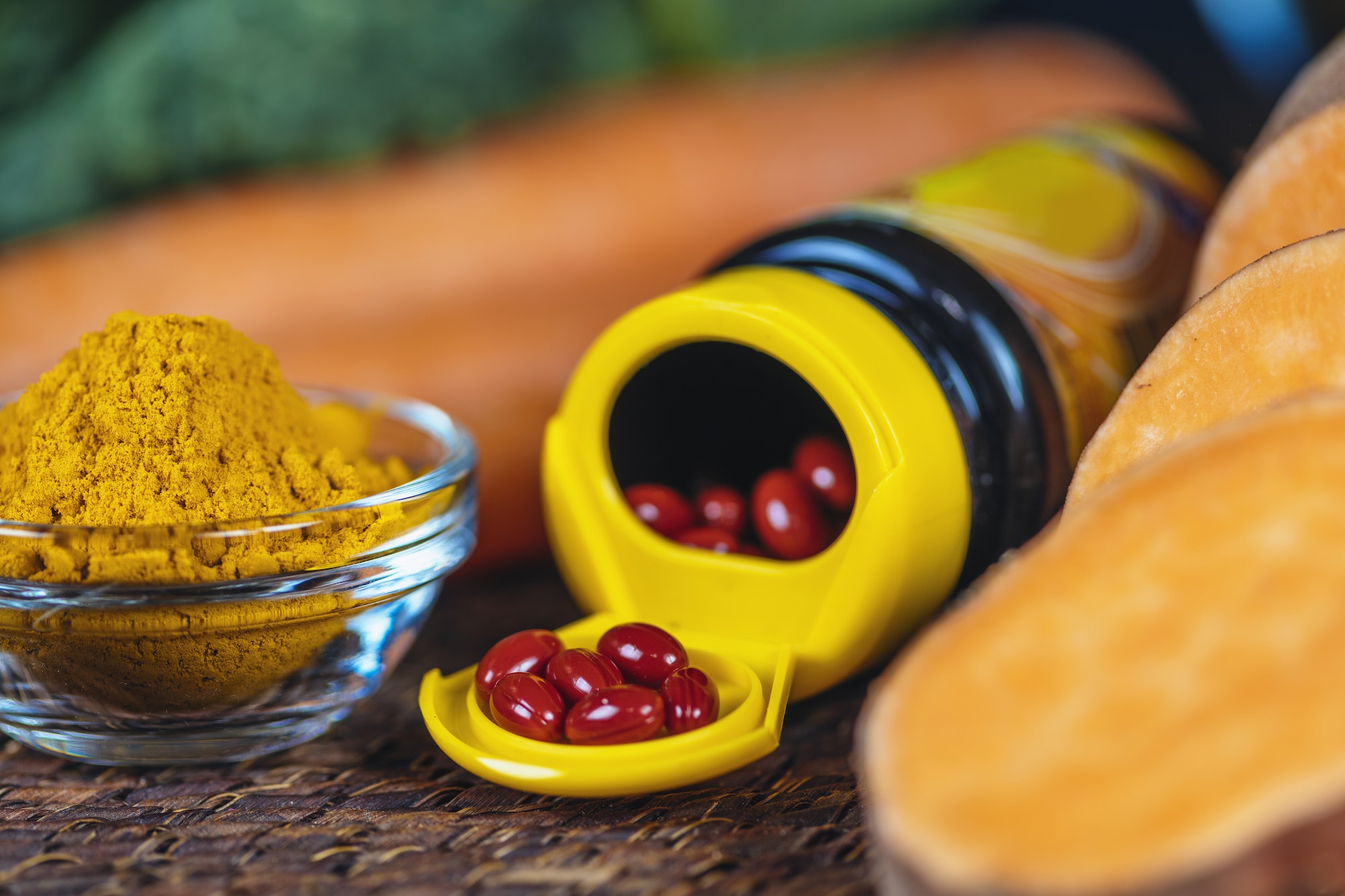 Beta Carotene Supplement Pills and Vegetables