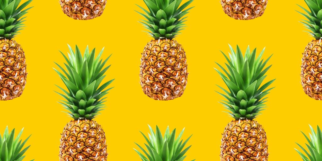 Pineapple, summer ananas seamless pattern on yellow background